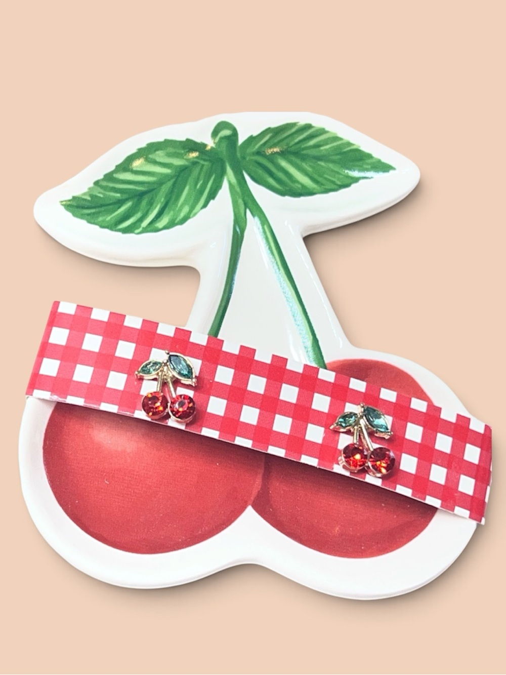 🍒 NWT • Rhinestone Cherry Stud Earrings & Matching Ceramic Cherry Trinket Dish 🍒